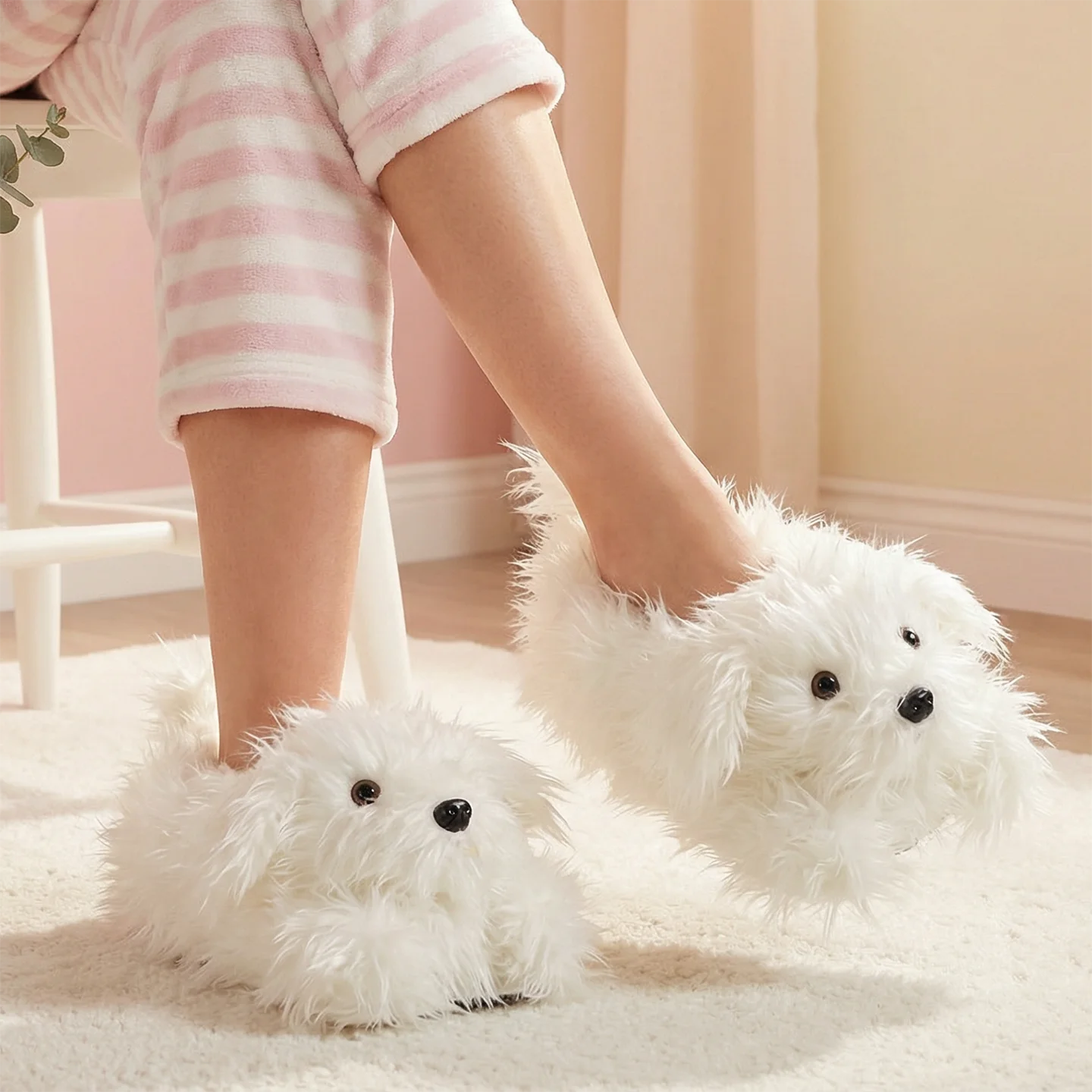 TreasuringU Bichon Frise Fluffy Slippers Cartoon Dog Soft Shoes Cute Women Indoor Plush Shoes Birthday Christmas Gift