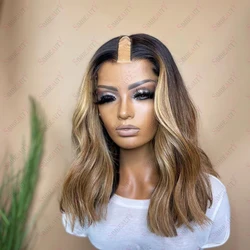 Destaque Brown Natural Loose Wave Wig, Forma de U, 100% cabelo humano, corpo ondulado, alta densidade, máquina completa feita, metade perucas, completo