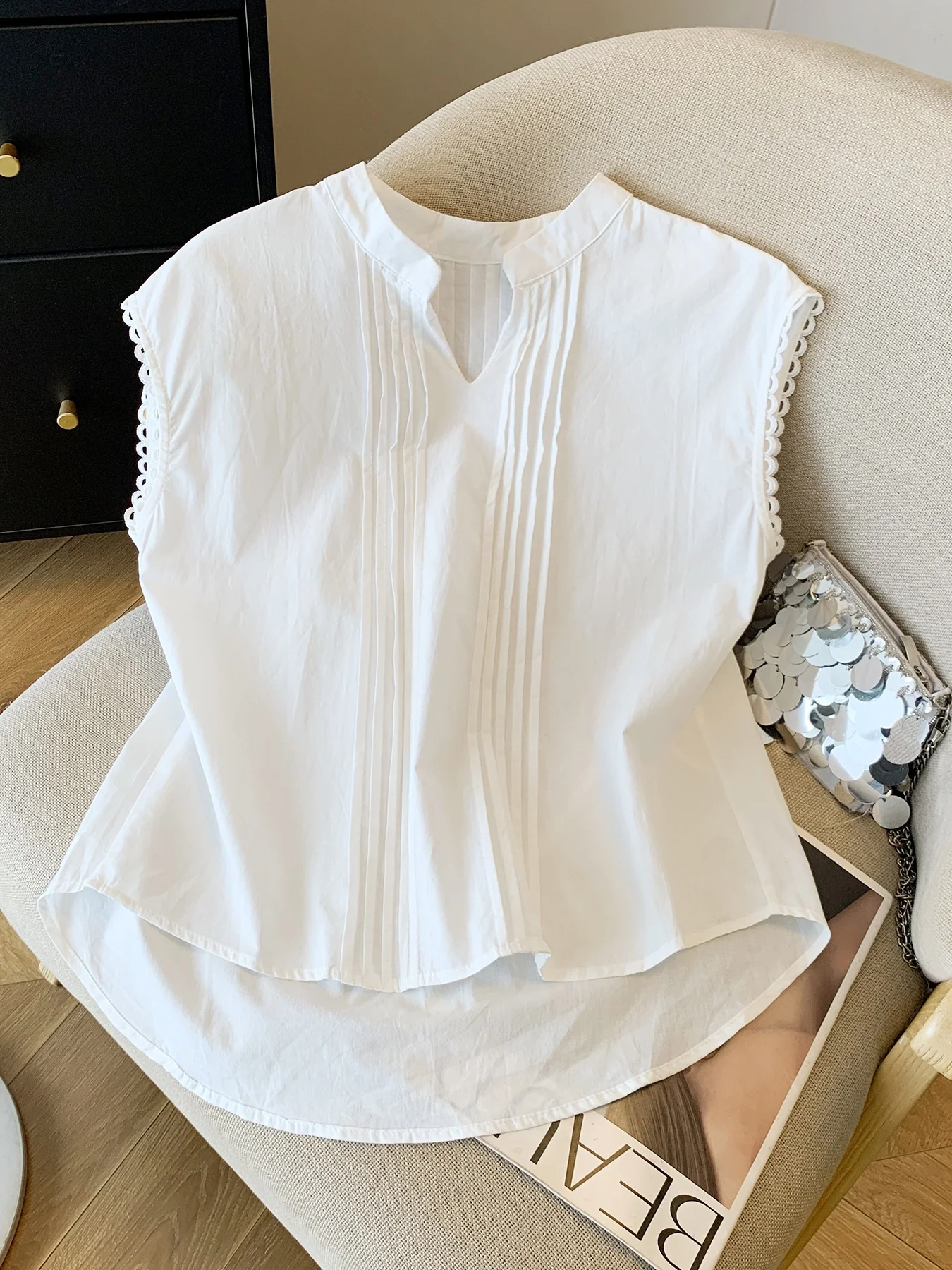 Design Sensation Plissee Rüschen V-ne Svel Leinen Damen Sommer Neue Sle Pendeln Vielseitige irt Flachs Top