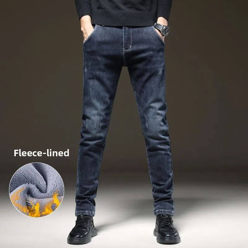 Celana Jeans Pria Model Y2K 2025, Longgar, Tebal, Berbahan Fleece, Kasual, Serbaguna, Kelas Atas, Slim Fit, Kaki Lurus, Musim Gugur Musim Dingin, Hangat