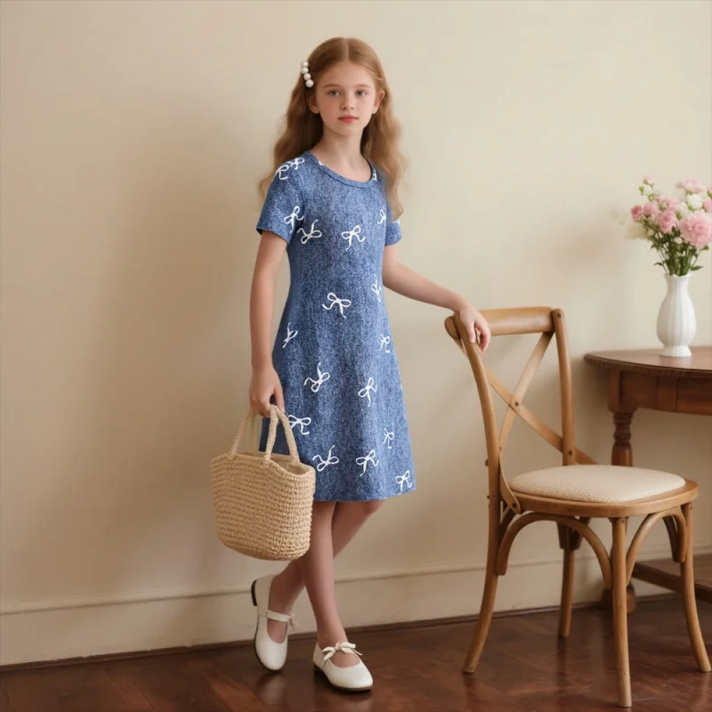 

2025 retro style! Girls' blue bow print short-sleeve mid-length dress, a gentle and simple children's clothing
