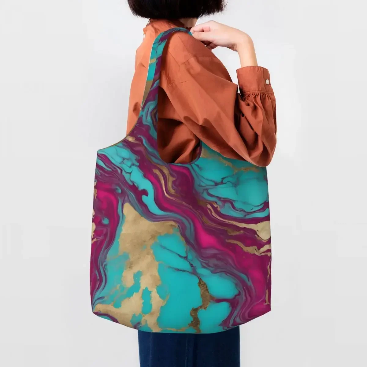 Custom Colorful Bohemian Fuschia Pink Turquoise Marble Grocery Tote Shopping Bags Women Canvas Shoulder Shopper Bag Big Capacity