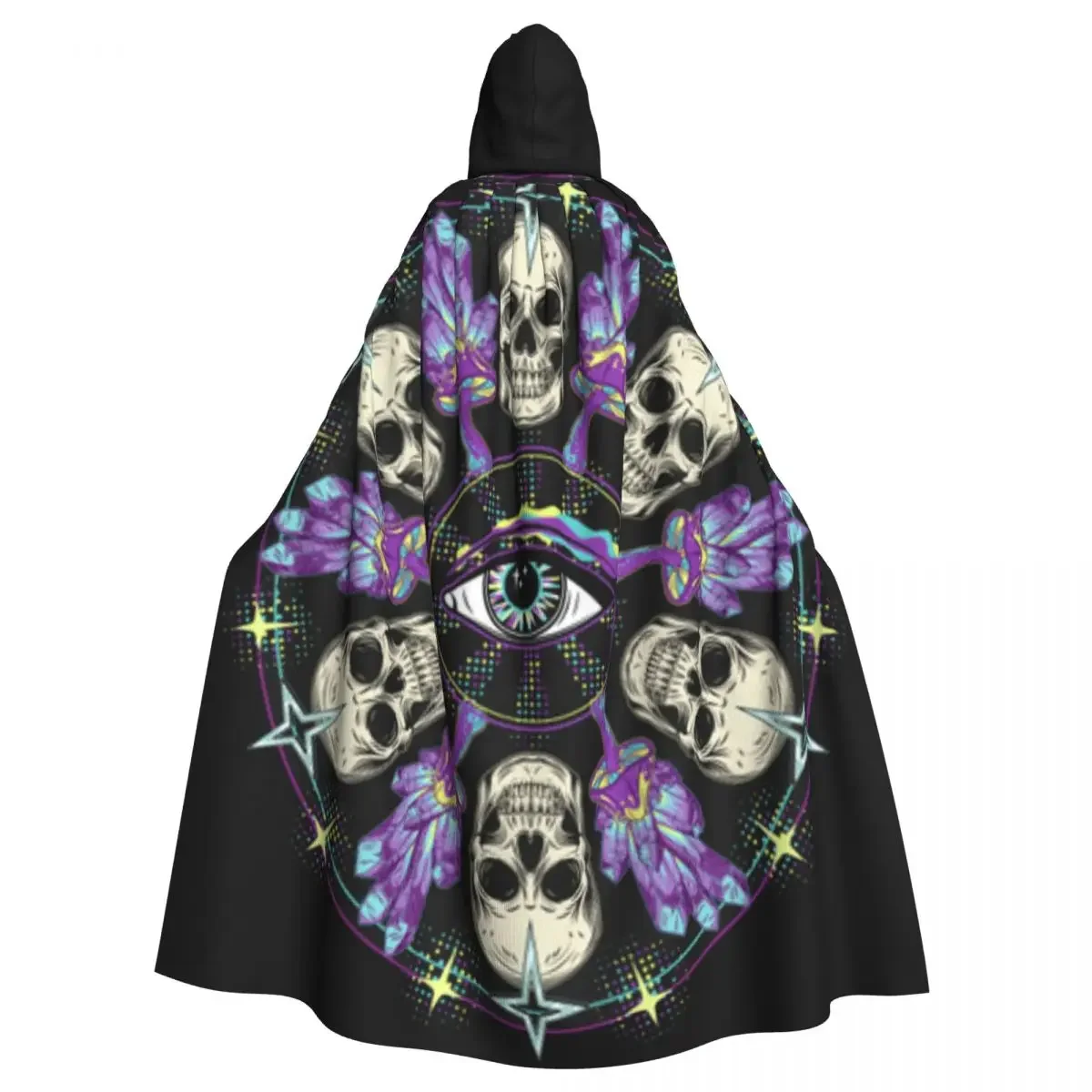 Mandala With Skull Fantasy Mushrooms Crystals Hooded Polyester Unisex Witch Cape Costume Accessory