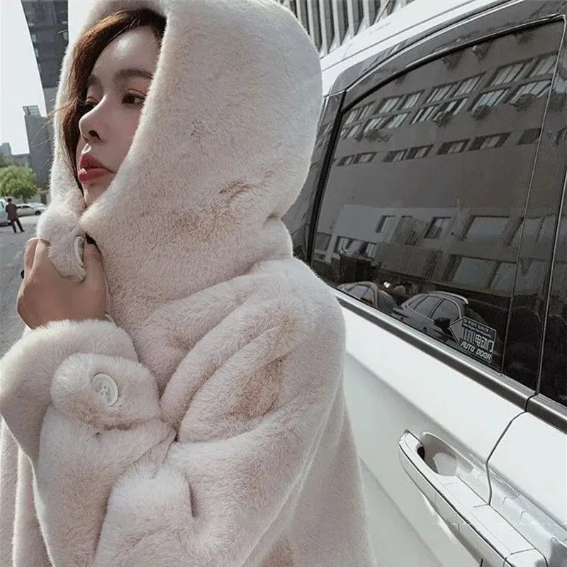 Faux Fur Coat Women 2022 Winter New Fashion Loose Imitation Rabbit Fur Jacket Female Large size Long Hooded Plush Thick OverCoat