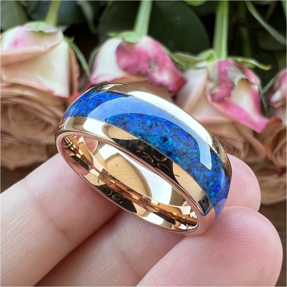 6 mm 8 mm Ringe für Männer und Frauen, Wolfram-Ehering, Modeschmuck, blaue Opal-Inlay, gewölbt, poliert, glänzend, bequeme Passform – Detail 7