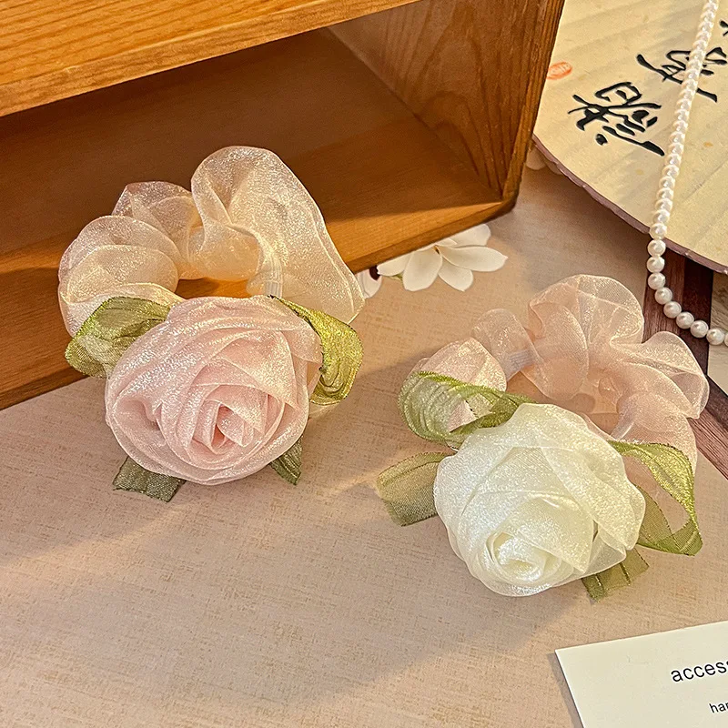 Sweet Rose Flower Chiffon Hair Scrunchies For Women Girl Elegant Simple Flowers Ponytail Hair Rope Headdress Hair Accessories