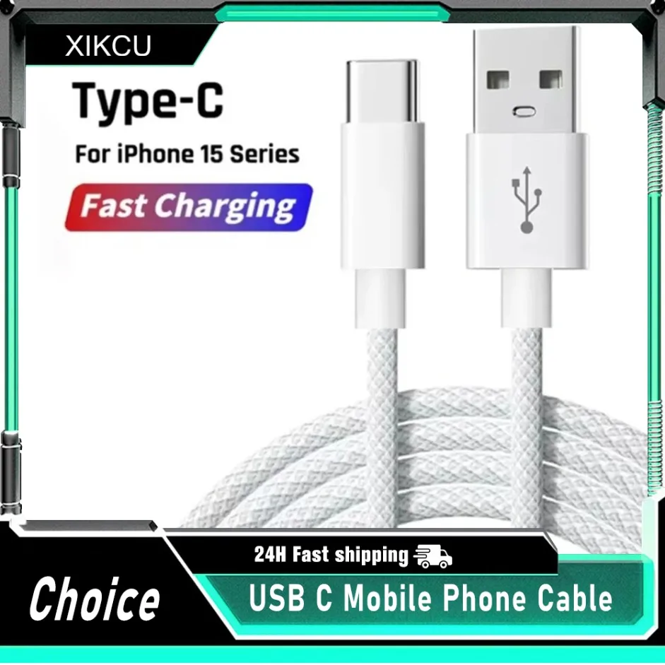 

30 Вт для USB A — iPhone 16, плетеный кабель USB A — Type C, шнур для быстрой зарядки для iPhone 15, Samsung Galaxy S22, аксессуары для Android