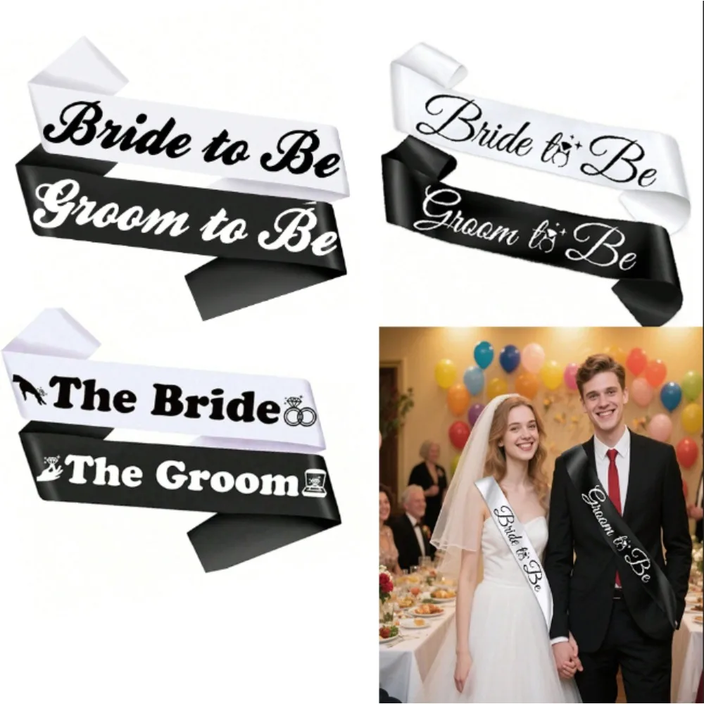 1/2Pcs Bride-to-Be & Groom-to-Be Black White Sashes, Wedding, Bachelorette Party and Engagement Decor Gift