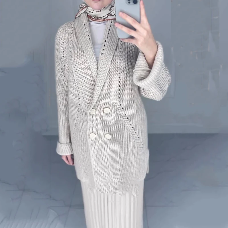 Spring Women Knit Two Piece Set Lapel Long Sleeve Button Sweater+Folded High Waist Knee Bust Skirt Autumn Female Knitted Outfit