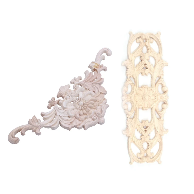 

2 Pcs Rubber Wood Carved Applique Retro Furniture Crafts Decor, 22.5X8cm & 38X15x1.2Cm