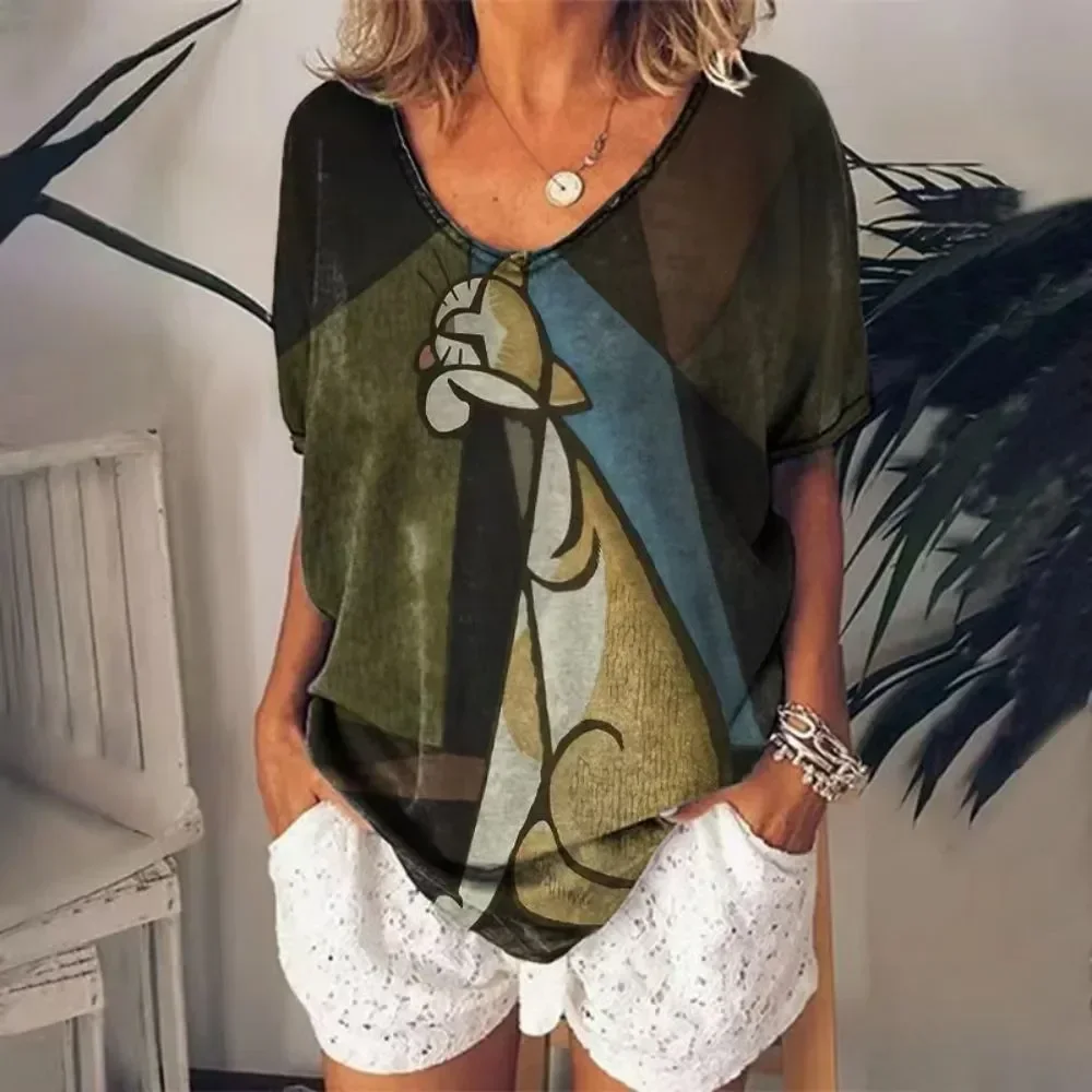 موضة جديدة المرأة قميص 2025 تي شيرت المرأة ثلاثية الأبعاد زهرة طباعة تي شيرت بياقة بيضاء الملابس النسائية المتضخم الصيف تي شيرت كامل