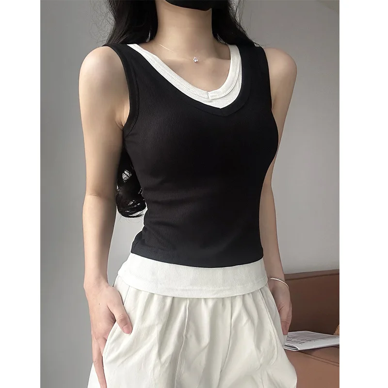 Viscose Tank Top Fake Two Piece V Neck Contrast Color Sleeveless Slim Fit Chest Pad Spring Summer Women Preppy Elegant