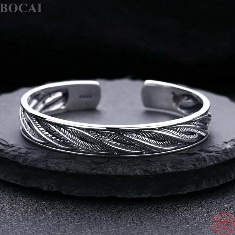 BOCAI New S925 Sterling Silver Charms Bracelets for Men Women Antique Woven Leaves Pattern Bangle Fine Choice Jewelry Wholesale