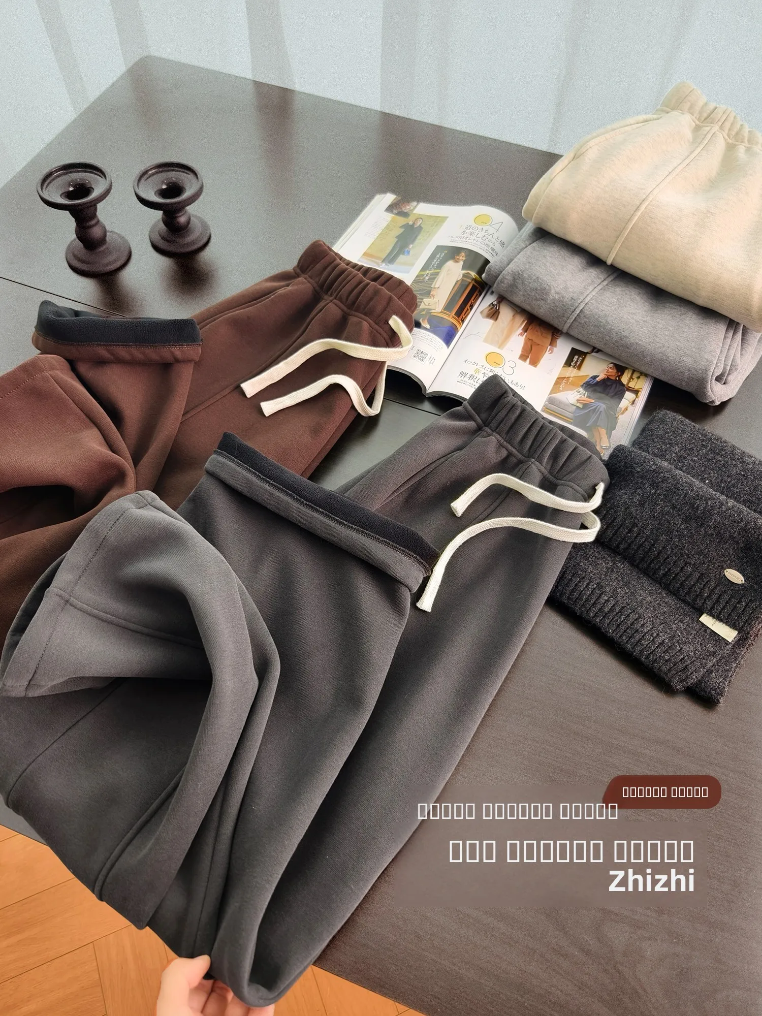 

Casual Elastic Waist Belted Fce Lined Wide Leg Cotton Polyester Blend Women's Pants Comfortable Warm Loose Fit Ladies Trou...