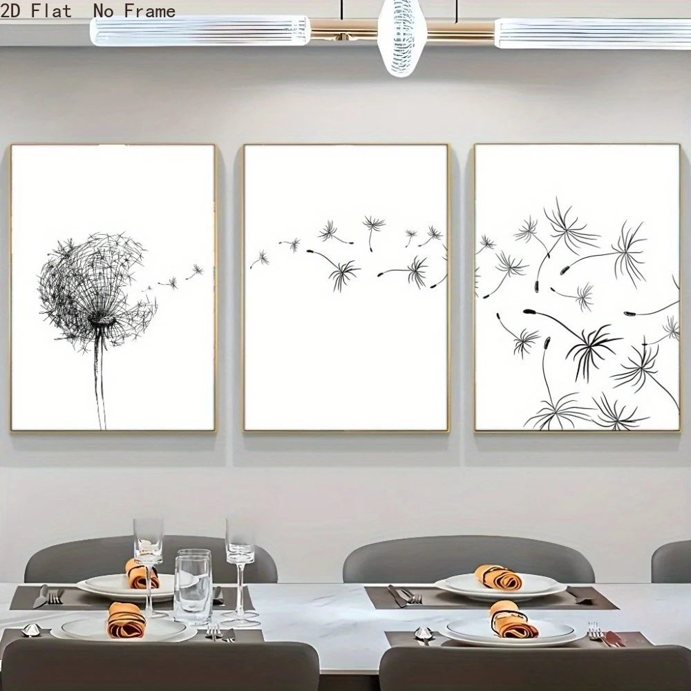 (No frame)2D Flat, 3pcs Elegant Wall Art for Any Environment, Dandelion Art, Black and White Minimalist Art, Positive and Ins