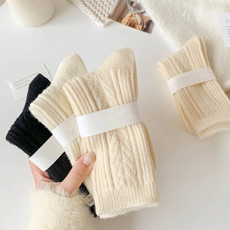3 Pairs/Lot New Cashmere Wool Socks Women's Winter Thicken Warm Black White Pack Set Thermal Japanese Fashion Solid Color 2035
