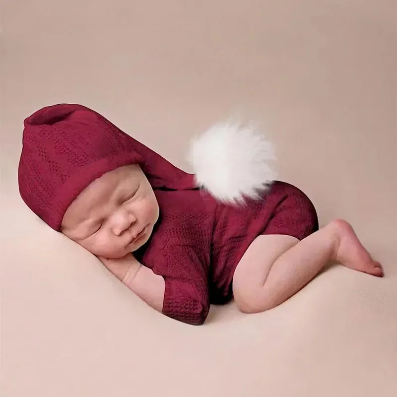 

Newborn Photo Photography 2 Pieces Set Shooting Clothes Knitting Baby Girl Boy Jumpsuit with Pompom Hat Infant Photography Props