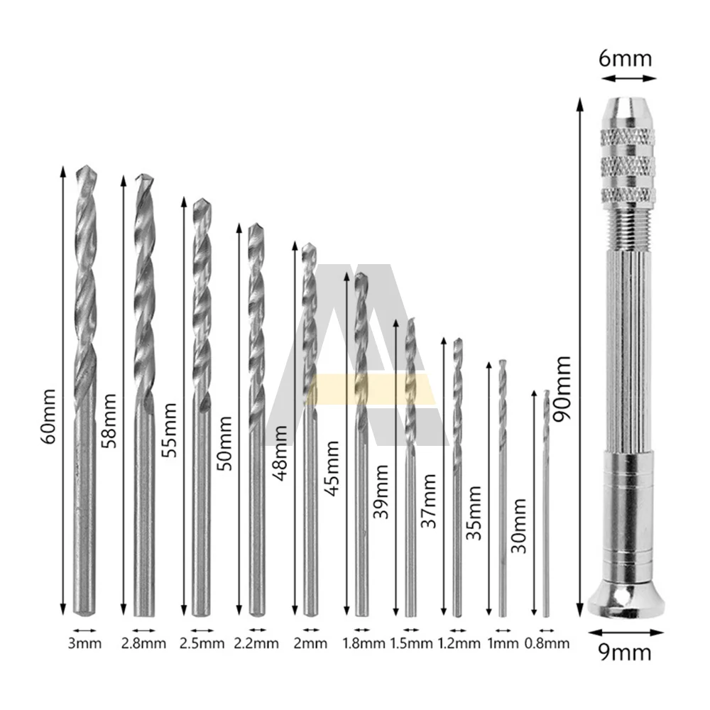 10 in 1 Mini Micro Hand Drill Chuck HSS Twist Drill Bit Woodworking Drilling Rotary Hand Drill with Keyless Tool Accessories