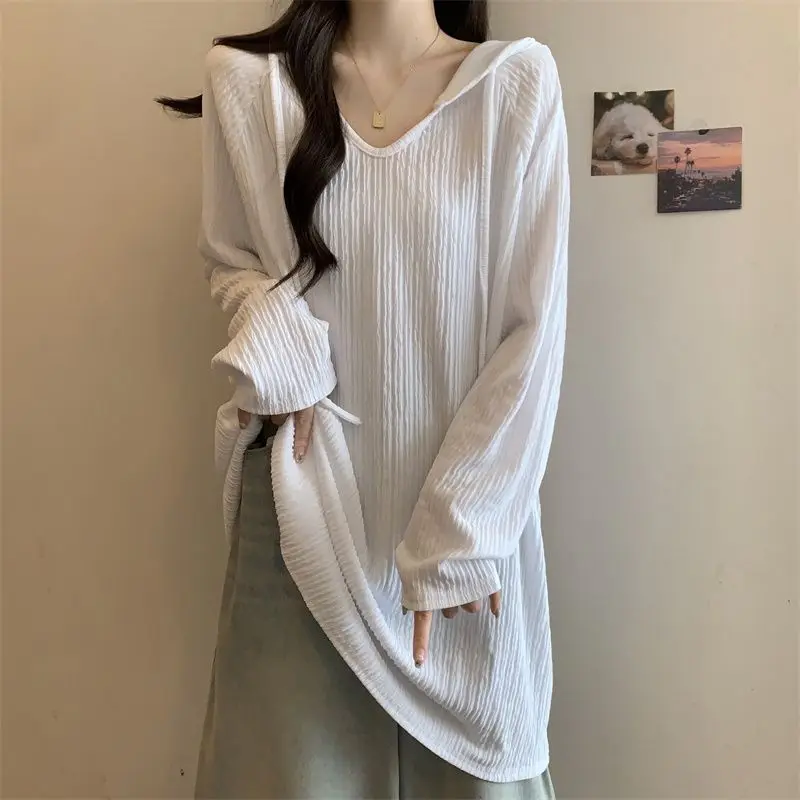 Women Trendy Simple Casual Oversize Hooded T-shirt Korean Solid V Neck Long Sleeve Tees Textured Chic Tunic Tops Female Clothing