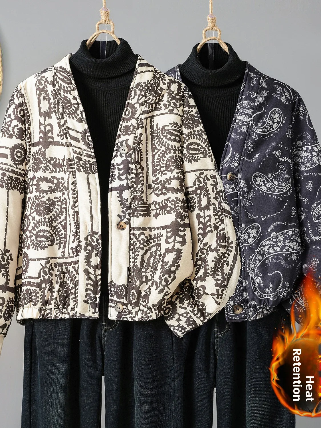 

Thiened Cotton Jaet Women's Retro Print Patchwork Winter Outerwear Simple Versatile Cotton Coat Warm V-Ne Long Sve