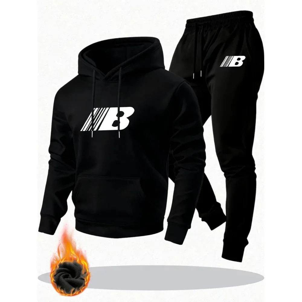 طقم رجالي دافئ مكون من قطعتين - هوديي وسروال ركض مريح من الصوف مع طباعة "B"، سروال طويل كاجوال، مثالي لخريف/شتاء #3