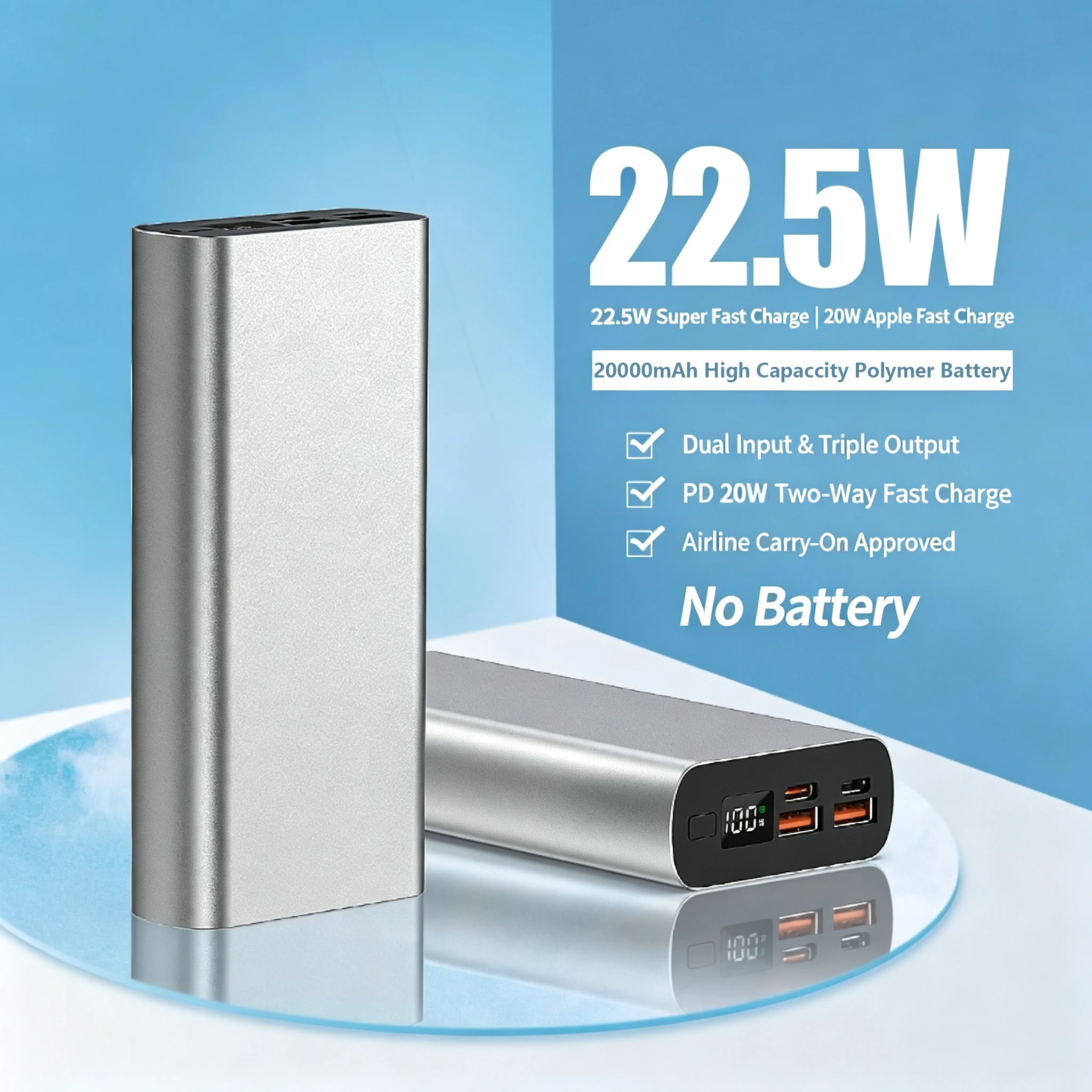 20000mAh Aluminum Power Bank Case No Battery DIY Soldering 1260110 Cell Powerbank PD 22.5W Fast Charging For Xiaomi  Samsung