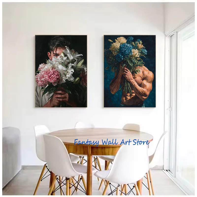 Queer Man Art Pink Bold Masculine Floral Illustration Funny LGBTQ Gay Victorian Poster Canvas Painting Wall Pictures Home Deocr