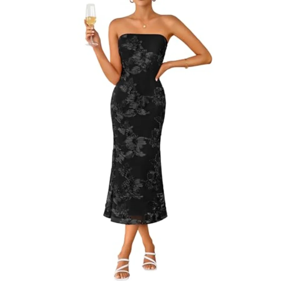 ZESICA Women's Summer Strapless Floral Midi Dress 2026 Bodycon Mesh Tube Wedding Guest Cocktail Party Formal Dresses