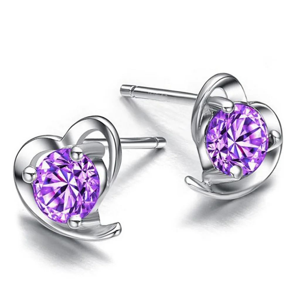 925 Sterling Silber Lila Weiß Herz Zirkon Ohrringe für Frauen Hochzeit Verlobung Party Mode Charm Ohrstecker Schmuck