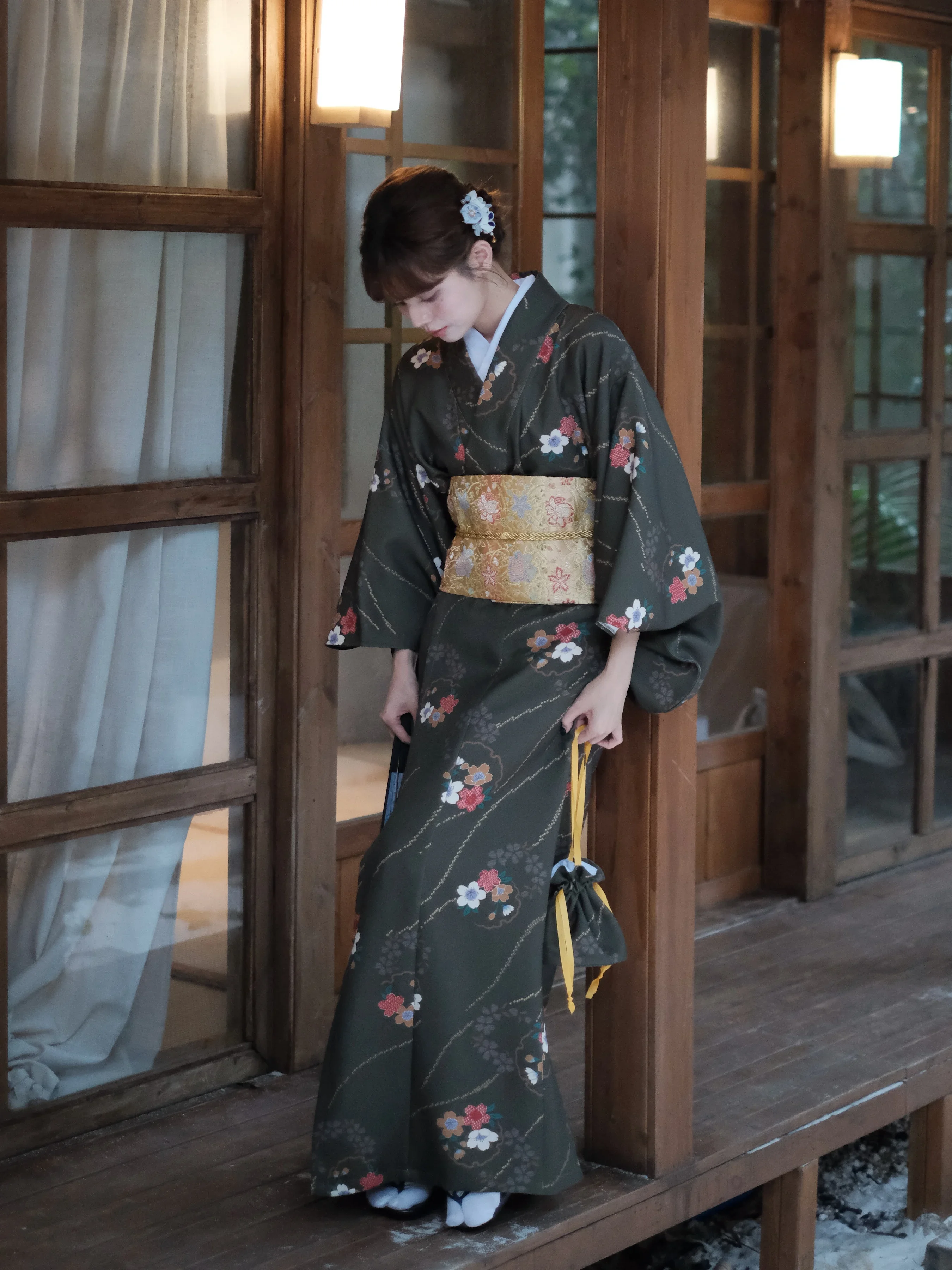 Dark Green Women's Japanese Kimono Floral Prints Photo Shooting Dress Beautiful Modified Formal Yukata Cosplay Costume