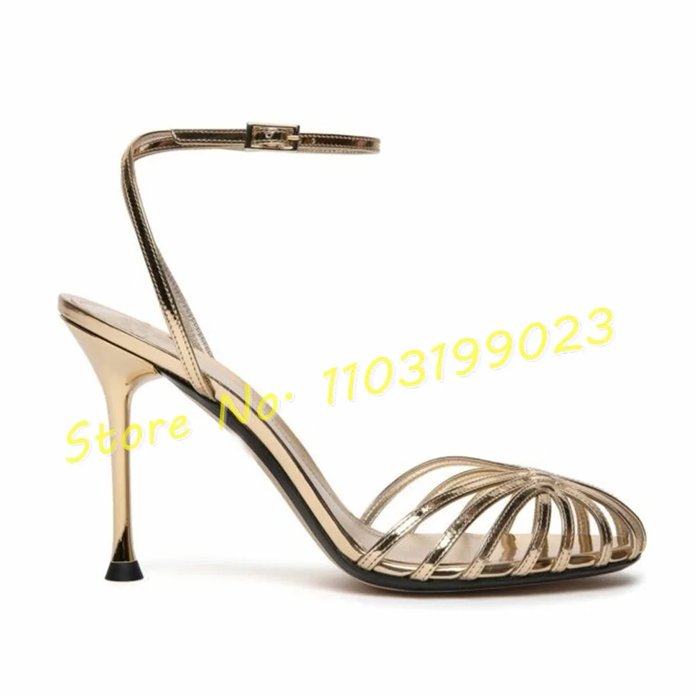 Cross Strap High Heels Sandals Women Luxury Caged Round Toe Ankle Strap Shoes Female Party Shiny Leather Sexy Elegant Sandals