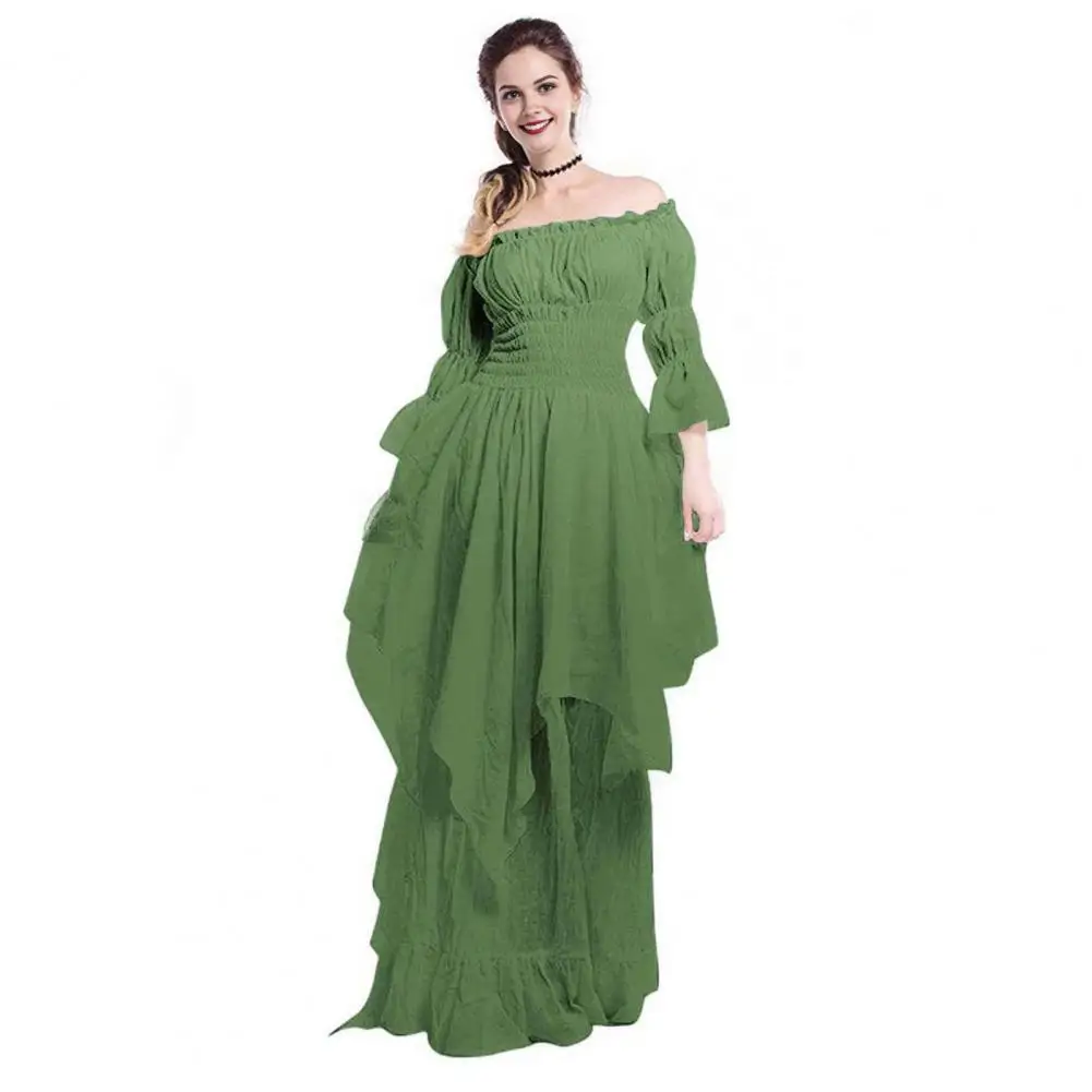 Vestido largo de princesa para baile de graduación, elegante vestido con diseño de hombros descubiertos, mangas largas de cuerno, pliegues irregulares en capas para el Renacimiento