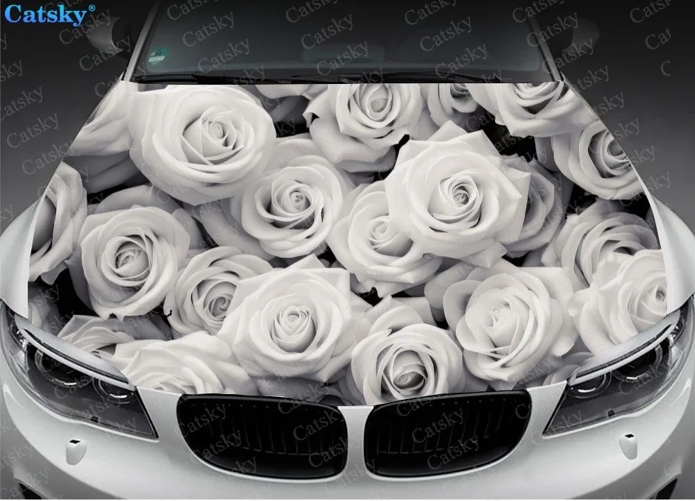 White Rose Flowers Car Hood Decal Stickers Wrap Vinyl Film Engine Cover Decals Sticker Car Hood Protective Film