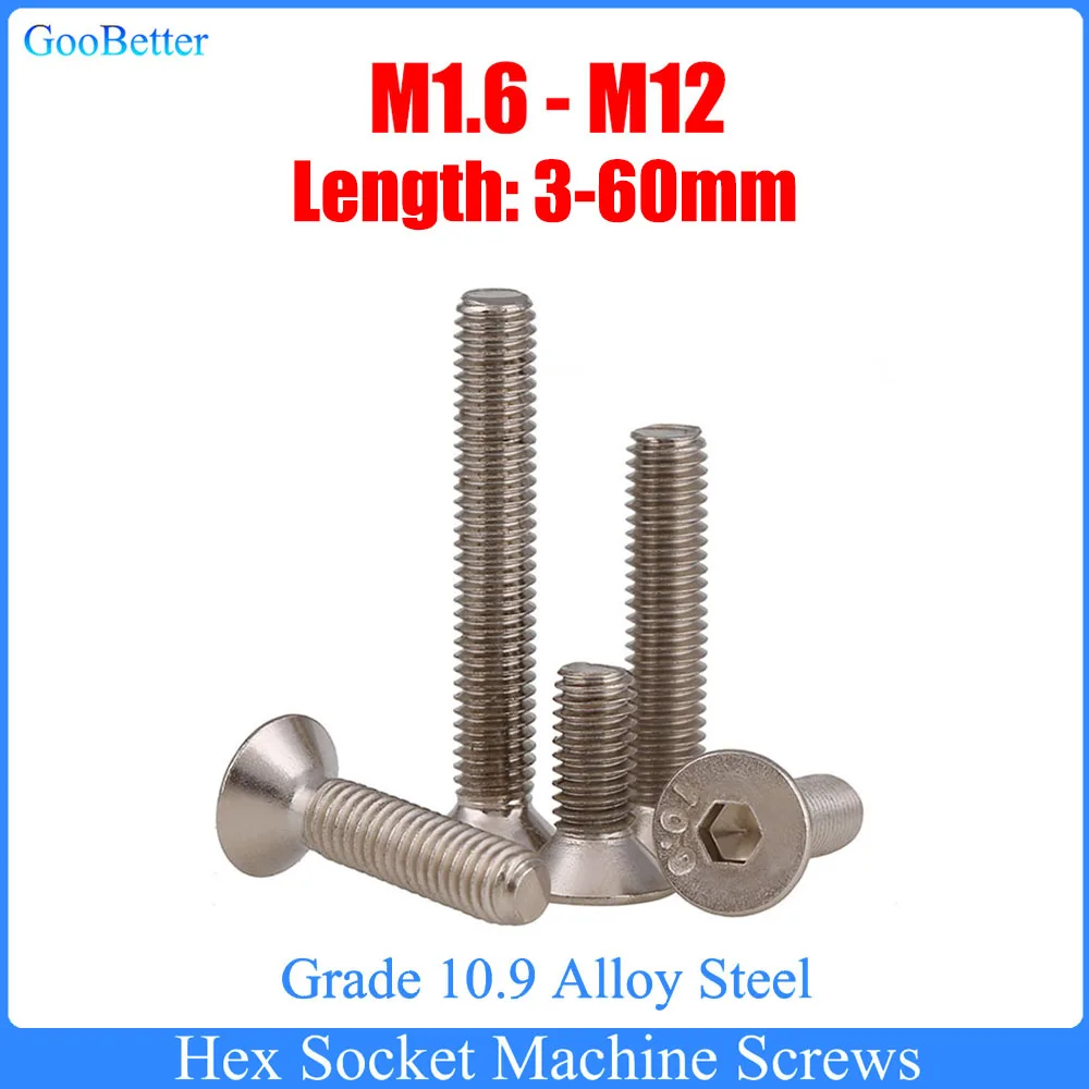 2-100Pc Hex Socket Machine Screws M1.6 M2 M2.5 M3 M4 M5 M6 M8 M10 M12 Grade 10.9 Alloy Steel Hexagon Flat Countersunk Head Bolts