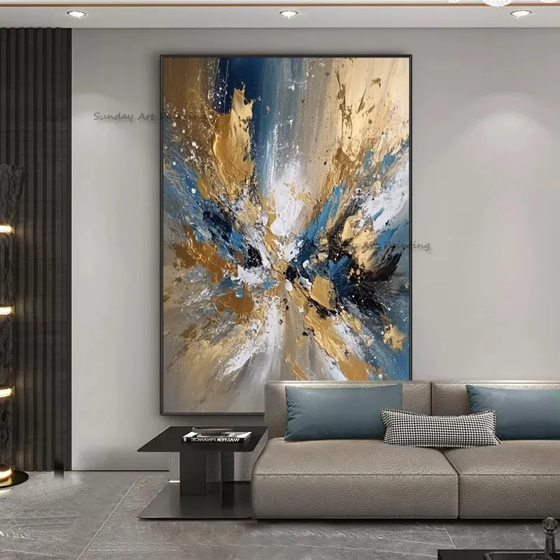 

Dark Blue Gray Abstract Canvas Artwork Handmade Simple Design Original Golden Blue White Oil Painting For Room Hall Decor