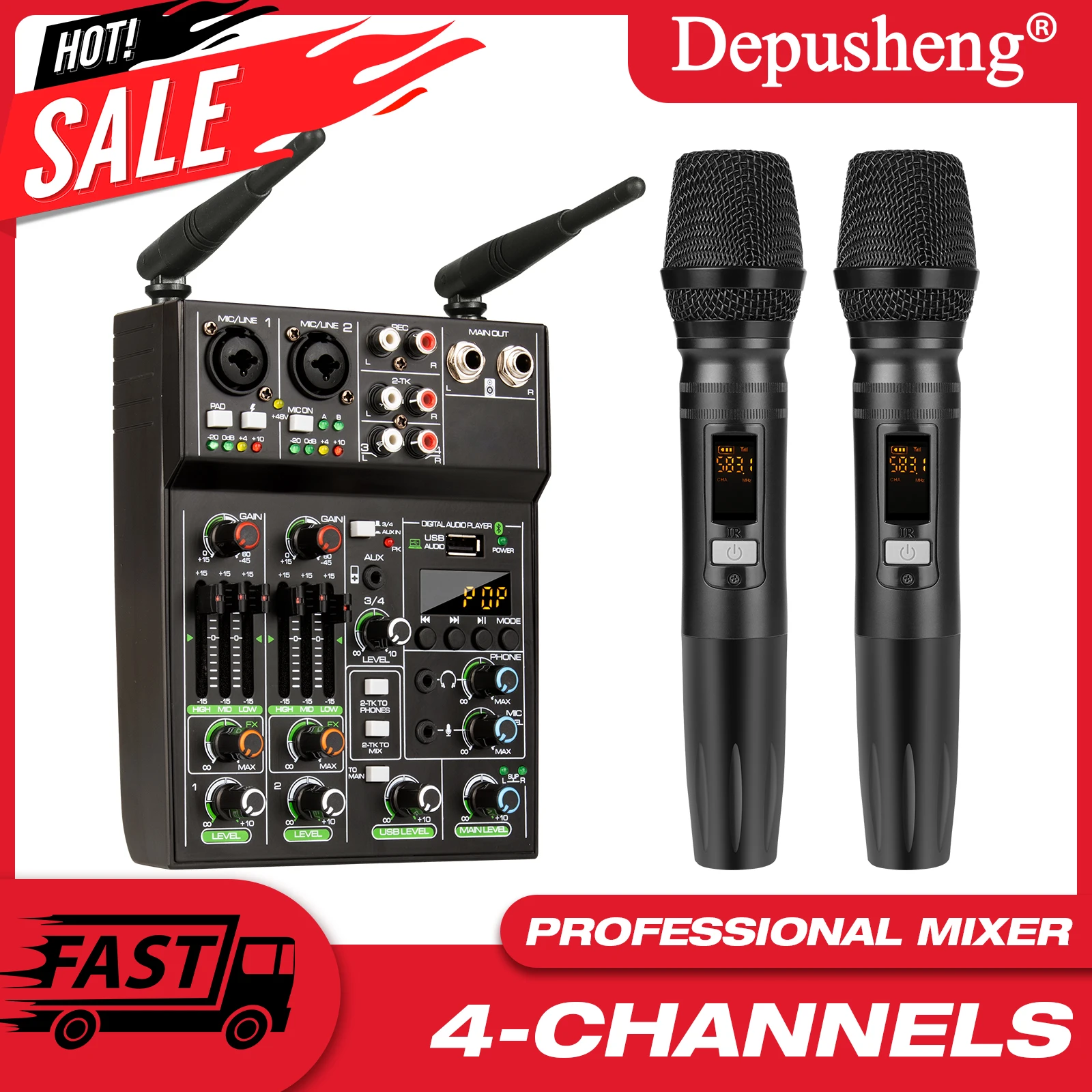 

4 Channel Audio Mixer Console One for Two Wireless Microphone Mixer Bluetooth Song Karaoke UHF New Live Recording