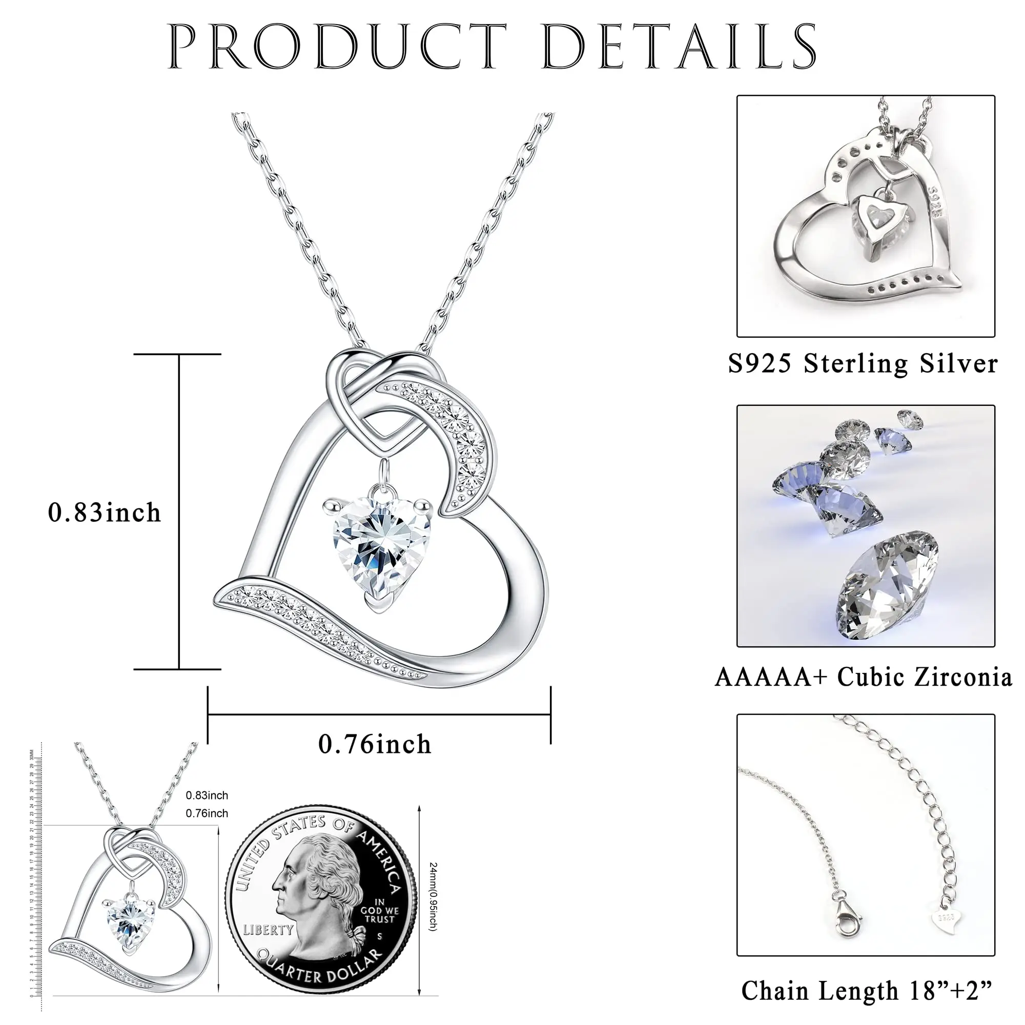 Fansilver 925 Sterling Silver Heart Necklace for Women White Gold Plated CZ Pendant Neck Chian Birthday Valentine's Day Jewelry