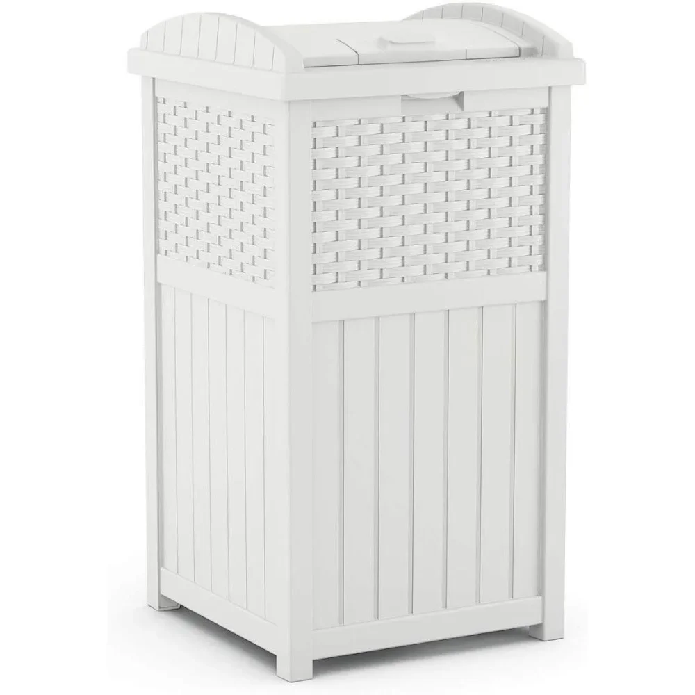 

Suncast 33 Gallon Durable Plastic Hideaway Outdoor Garbage Can Trash Bin with Lid and Wicker Design for Backyard, Deck