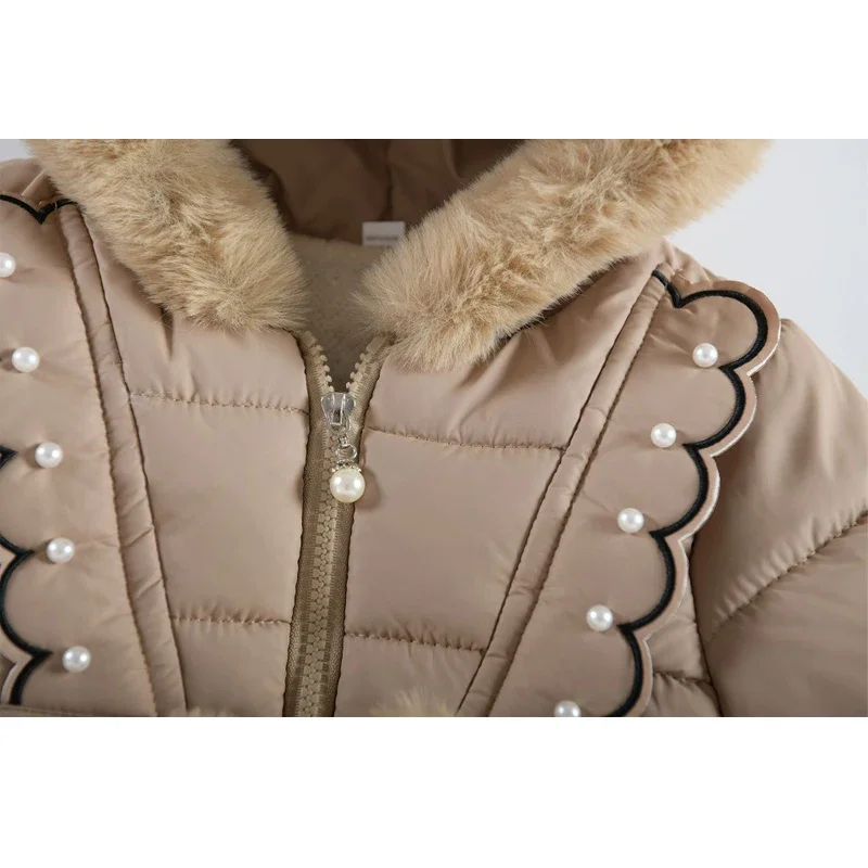 1 2 3 4 Years Baby Girls Jacket Winter Autumn Solid Color Pearl Decoration Lamb Wool Lining Thick Warm Hooded Down Cotton Coats