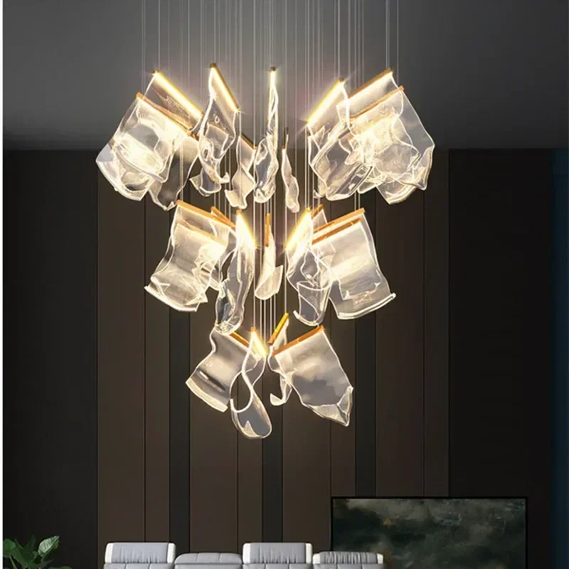 modern acrilico folha led lustre luz regulavel luxo sala de estar home decor pingente luz loft duplex escada bar pendurado lampada 01