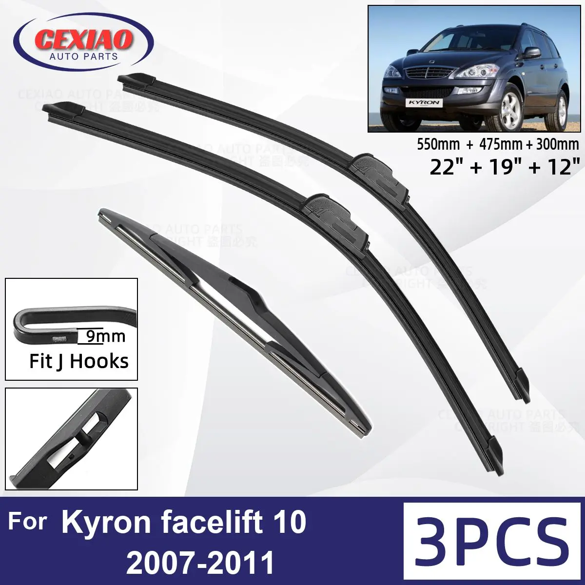 For Ssangyong Kyron facelift 10 2007-2011 Car Front Rear Wiper Blades Soft Rubber Windscreen Wipers Auto Windshield 22\