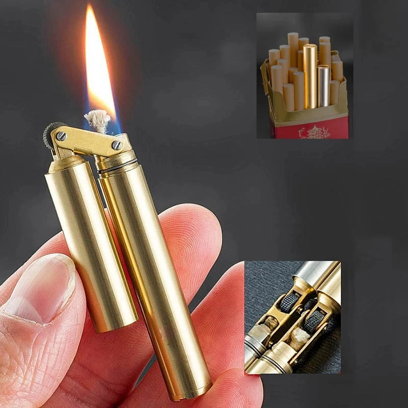 Vintage Double Stick Kerosene Lighter Vintage Pure Copper Grinding Wheel Open Fire Lighter Foldable Portable Men\'s Gift