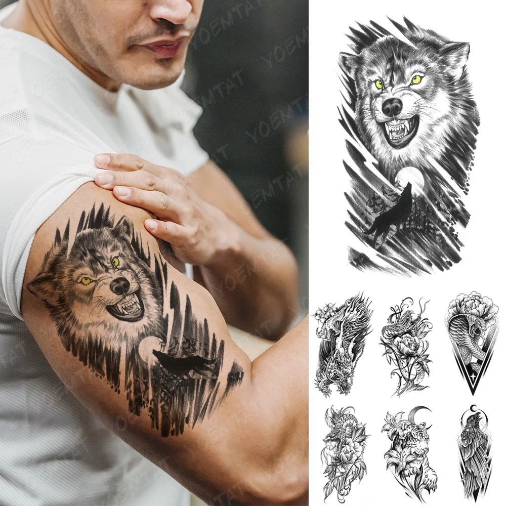 

Waterproof Temporary Tatoo Sticker Forest Moon Wolf Howling Women Men Arm Body Art Lion Tiger Rave Festival Fake Sleeve Tattoos