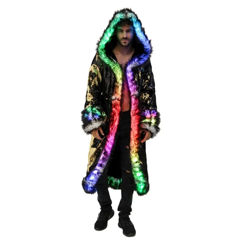 New LED Costume Faux Fur Coat Long Hooded Flash Clothes Men\'s Faux Fur Coat Burning Man Clothing