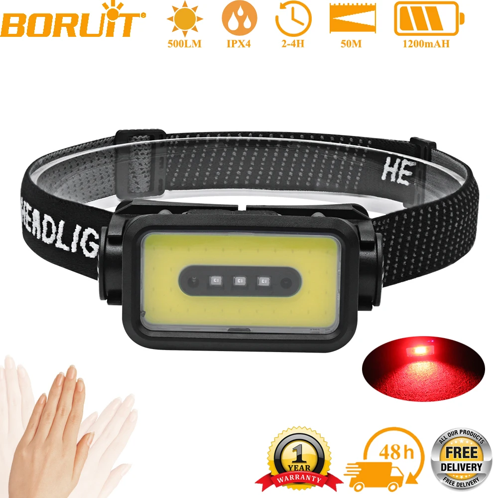 BORUiT K352 500LM COB Motion Sensor LED Headlamp 5-Mode Type-C Rechargeable Headlight Waterproof Outdoor Camping Head Torch