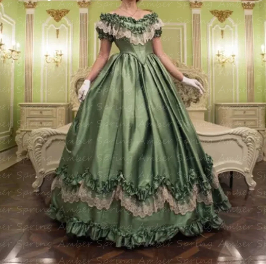 

Customized Vintage Princess Evening Dresses Satin Lace Fabric Women Formal Historical Prom Dress Off Shoulders Met Gala Robe