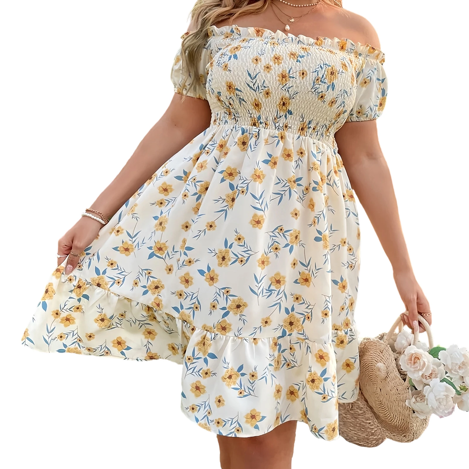 

Женское платье больших размеров с открытыми плечами, стильное мини-платье трапециевидной формы с цветочным принтом в отпускном стиле с вырезом лодочкой и короткими рукавами