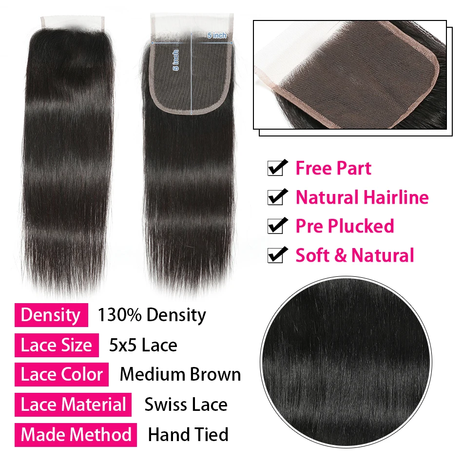 Peruvian Straight Hair Closure Free Part Lace Closure 5X5 Swiss Lace Virgin Hair Closure 100% Human Hair Closure Can Be Dyed
