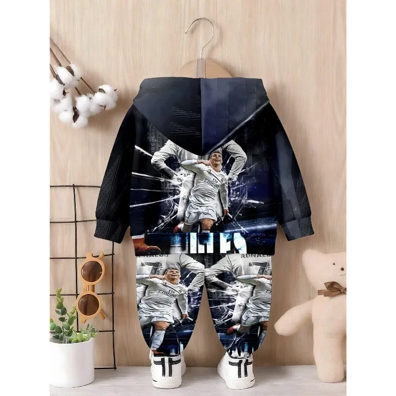 Kids Soft Hoodie Jogger Set, Ronaldo No.7 White Jersey Portrait Breakthrough Print, Boys Football Fan Casual Tracksuit
