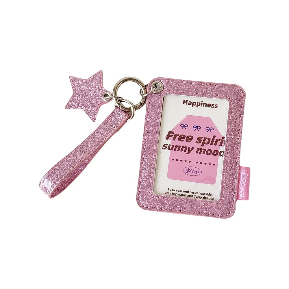 Glitter PU Photocard Holder with Wrist Strap Double Layer Card Sleeve Waterproof Shiny Star Charm Photocard Display Sleeve Idol